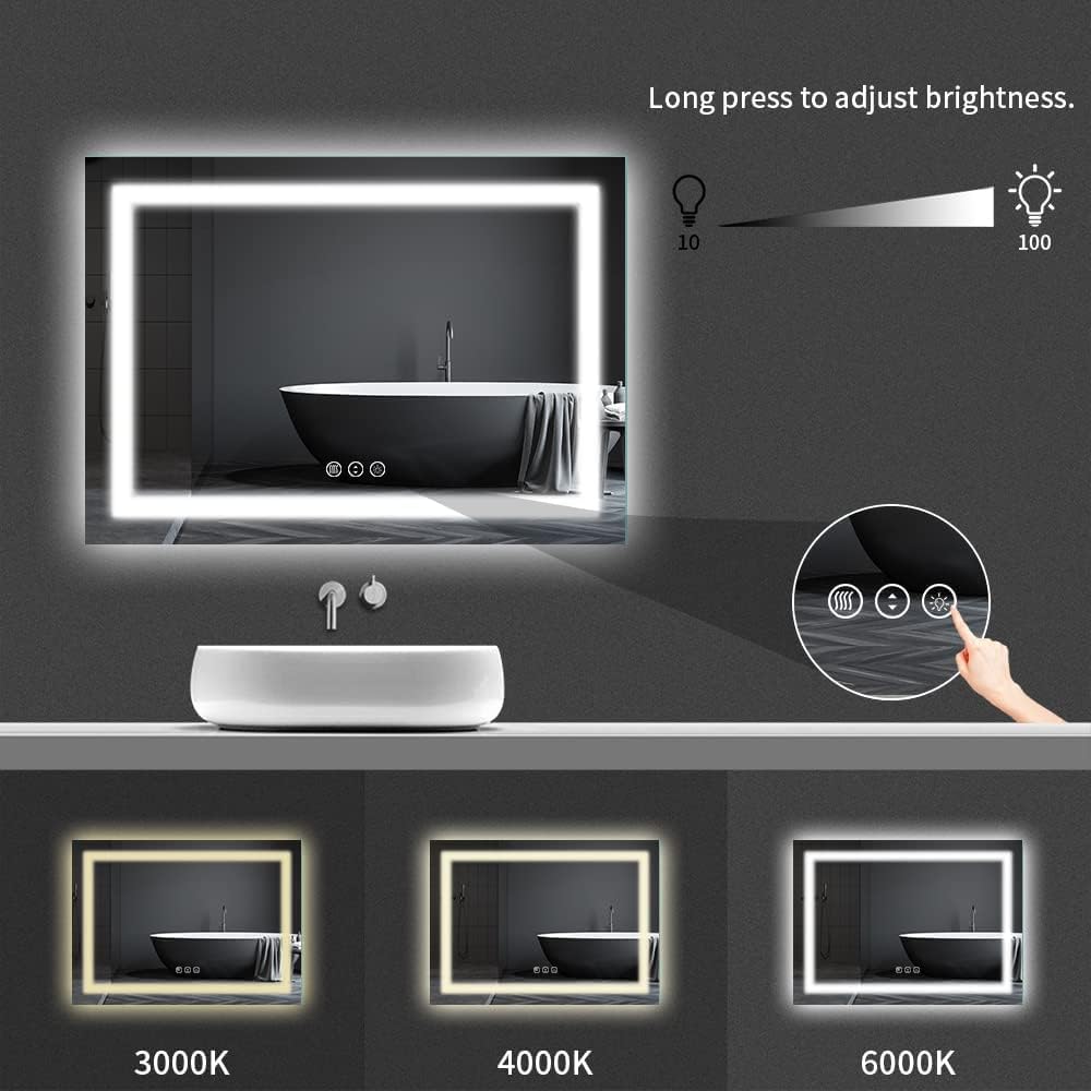 Amorho LED Bathroom Mirror 40"X32" with Front and Backlit, Stepless Dimmable Wall Mirrors with Anti-Fog, Shatter-Proof, Memory, 3 Colors, Double LED Vanity Mirror (Horizontal/Vertical)