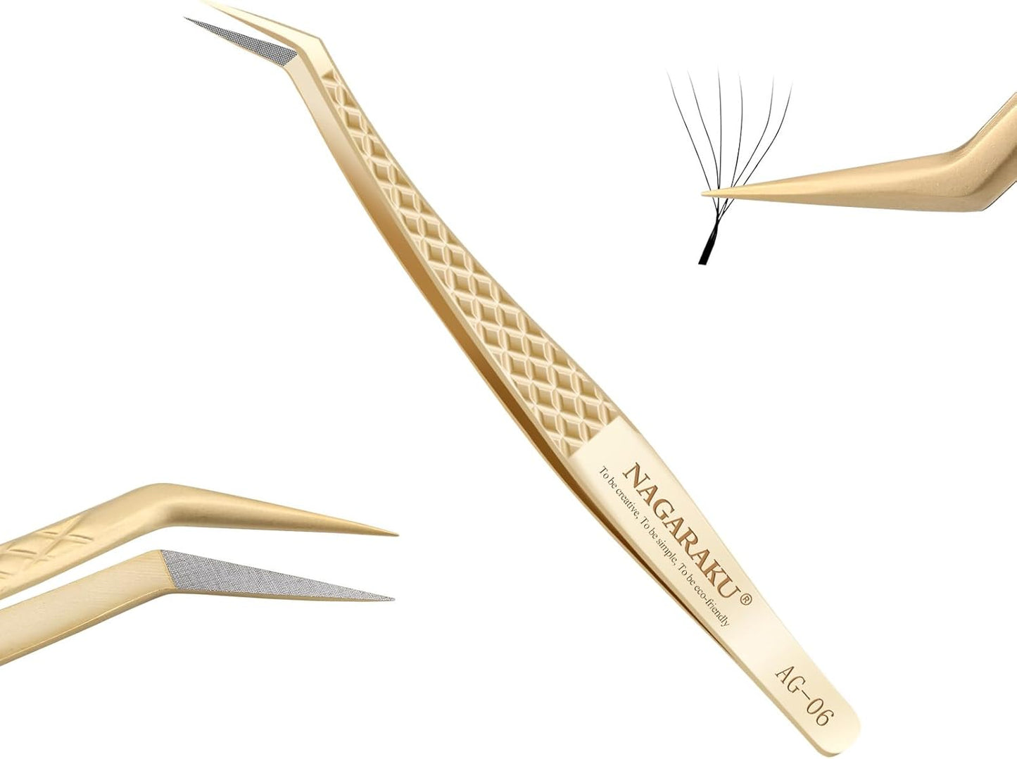 NAGARAKU Eyelash Tweezers, Precision Fiber Tip Tweezer for Eyelash Extensions Diamond Grip Anti-Static Anti-Slip Premium Gold Stainless Steel Pointed Eyelashes Tweezers with Box -Curved Tweezer AG-06