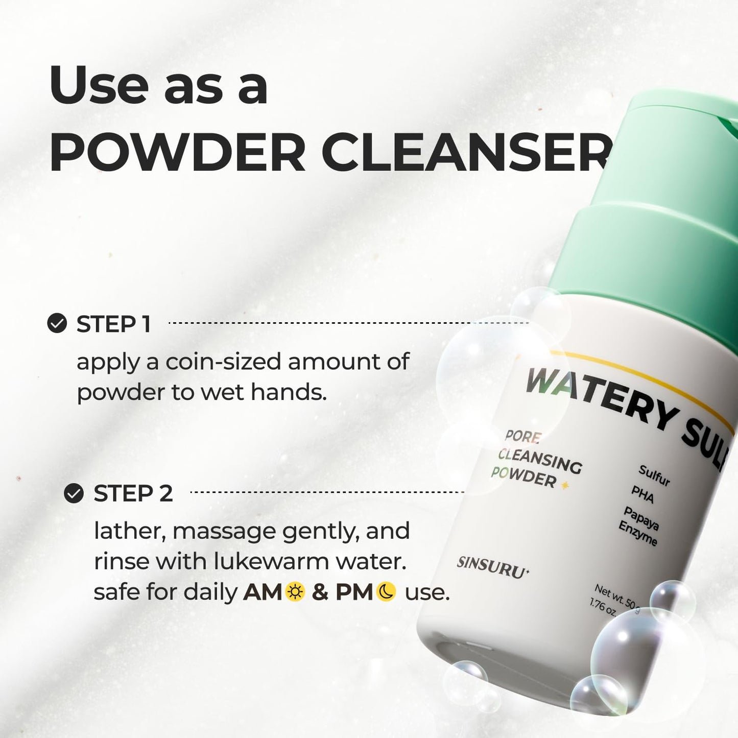 Watery Sulfur Pore Cleansing Powder, Korean Enzyme & Rice Powder & PHA Face Wash for Blackhead Removal, Sensitive and Acne-Prone Skin, Radiant Glow, Bumpy skin (1.76 oz / 50g)