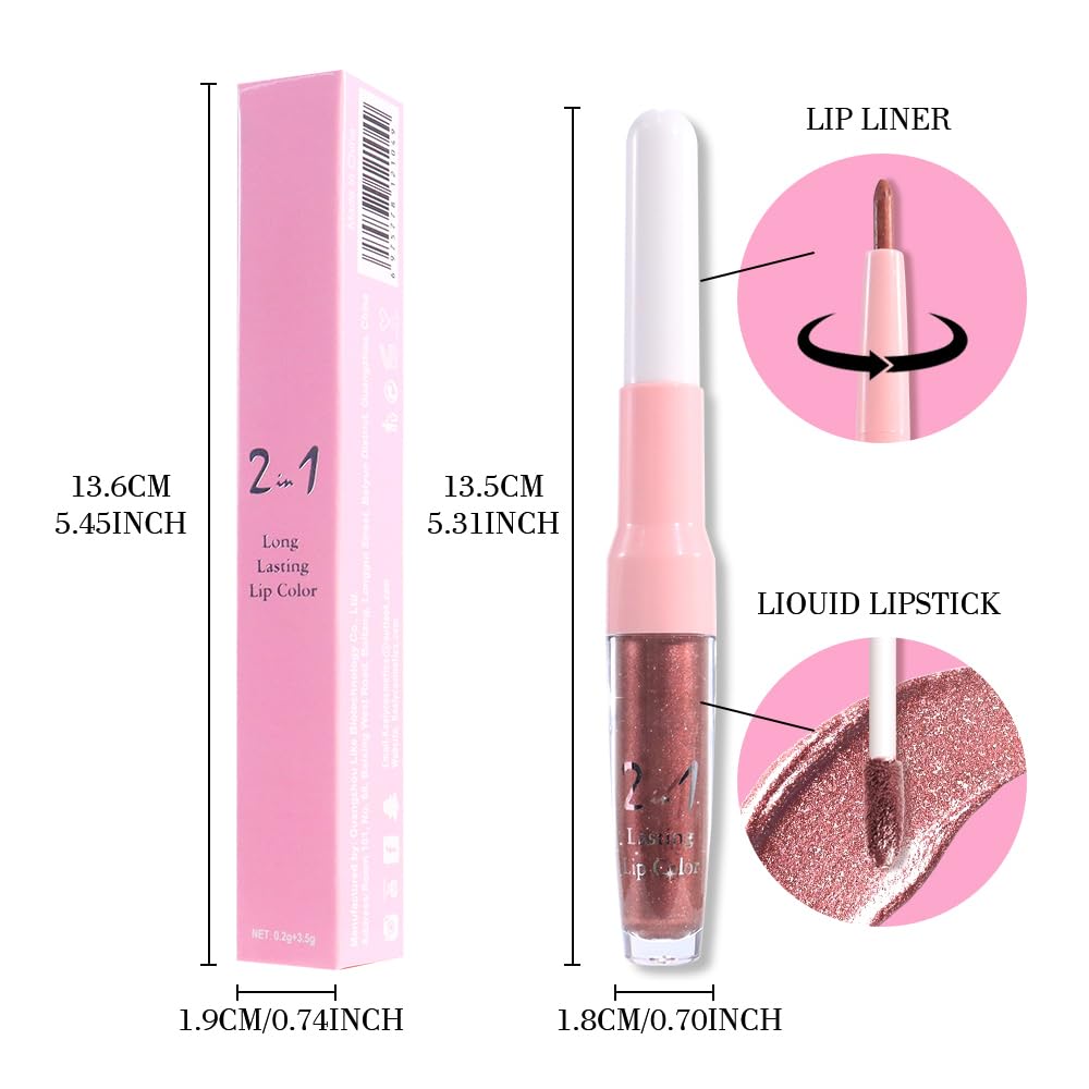 evpct Dark Bronze Metallic Shimmer Lip Liner and Lipstick Combo Lip Gloss Stains Set Makeup for Women Long Lasting Waterproof 24, Iced Mocha Frosted Metallic Glitter Glossy iridescent Liquid Lipstick