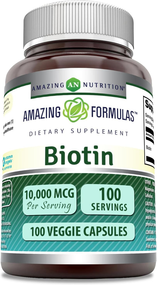 Amazing Formulas Biotin 10000 mcg Veggie Capsules | Vitamin B7 Supplement | Non-GMO | Gluten Free | Made in USA (1 Pack | 100 Count)