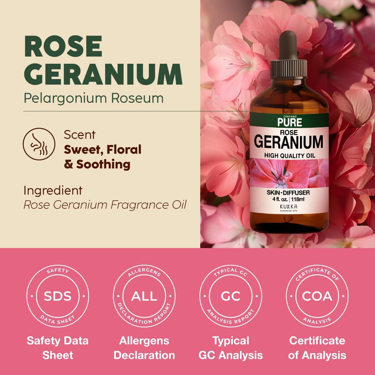 Kukka Rose Geranium Essential Oil for Skin - 4 Fl Oz - Geranium Oil for Diffuser & Aromatherapy, DIY Soap Making Scents