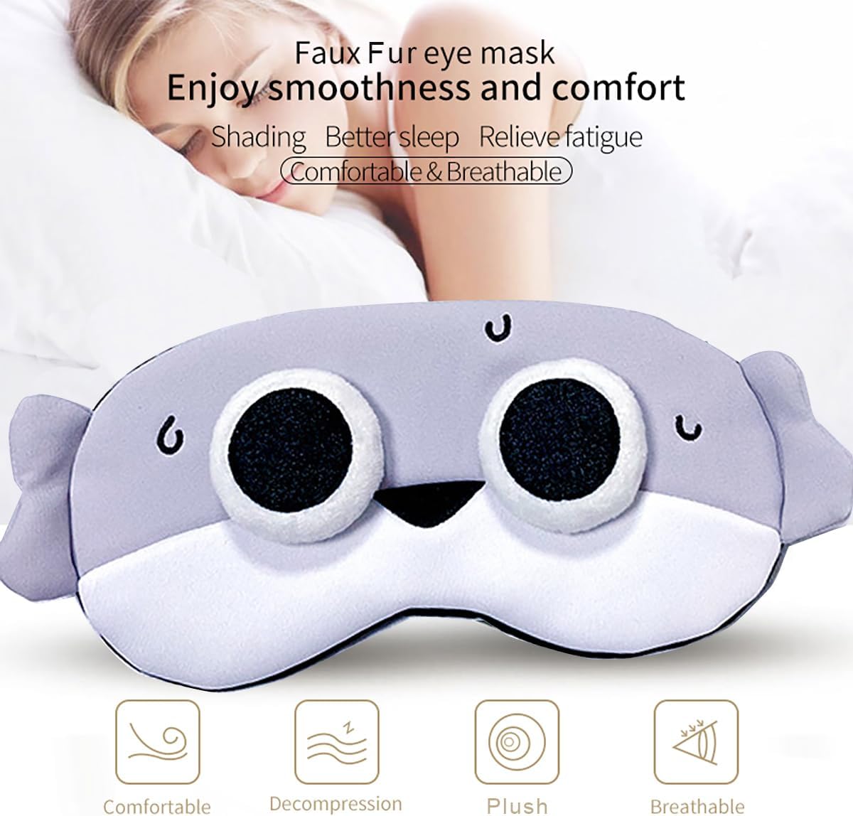 PERFECTSIGHT Fish Sleep Eye Masks, Cute Plush Sleep Eye Cover Lightweight Adjustable Eyeshade Faux Fur Mask Cover for Women Men Kids Sleep Travel Nap, Big Eye Girl, Sacabam