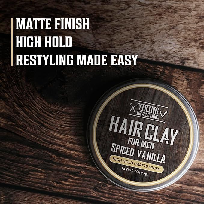 Viking Revolution Spiced Vanilla Hair Clay for Men - Matte Finish, Texturizing Clay Pomade for Men with Jojoba Oil and Vitamin E - Effortless Hair Styling Cream - Strong Hold, Natural Finish (2 oz)