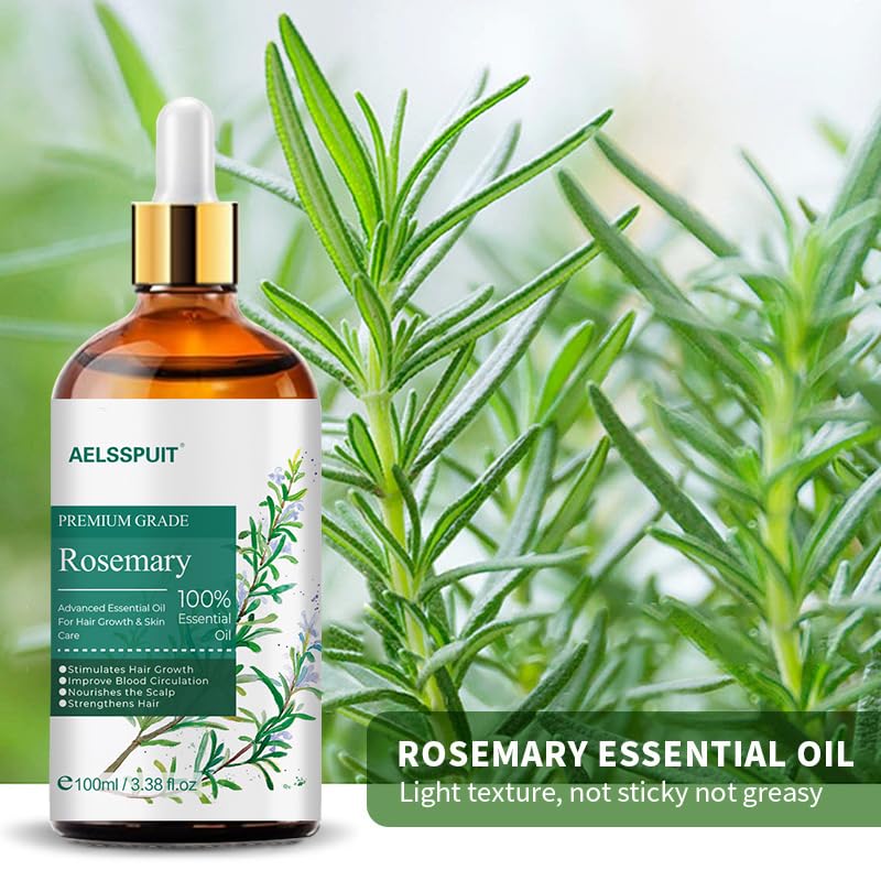 Rosemary Essential Oil for Hair Growth & Scalp Care - 3.38 Fl Oz (100ml) 100% Pure Organic Cold Pressed Oil in Glass Bottle - Aromatherapy Diffuser, Skin & Nail Treatment(Large, Rosemary)