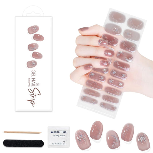 WOKOTO 1 Sheet Semi Cured Gel Nail Strips With Wood Stick, Nail File & Prepared Pads, 20 Tips Light Pink With Glitter Semi Cured Nail Polish Strips, Harden With UV Light Gel Nail Stickers For Women