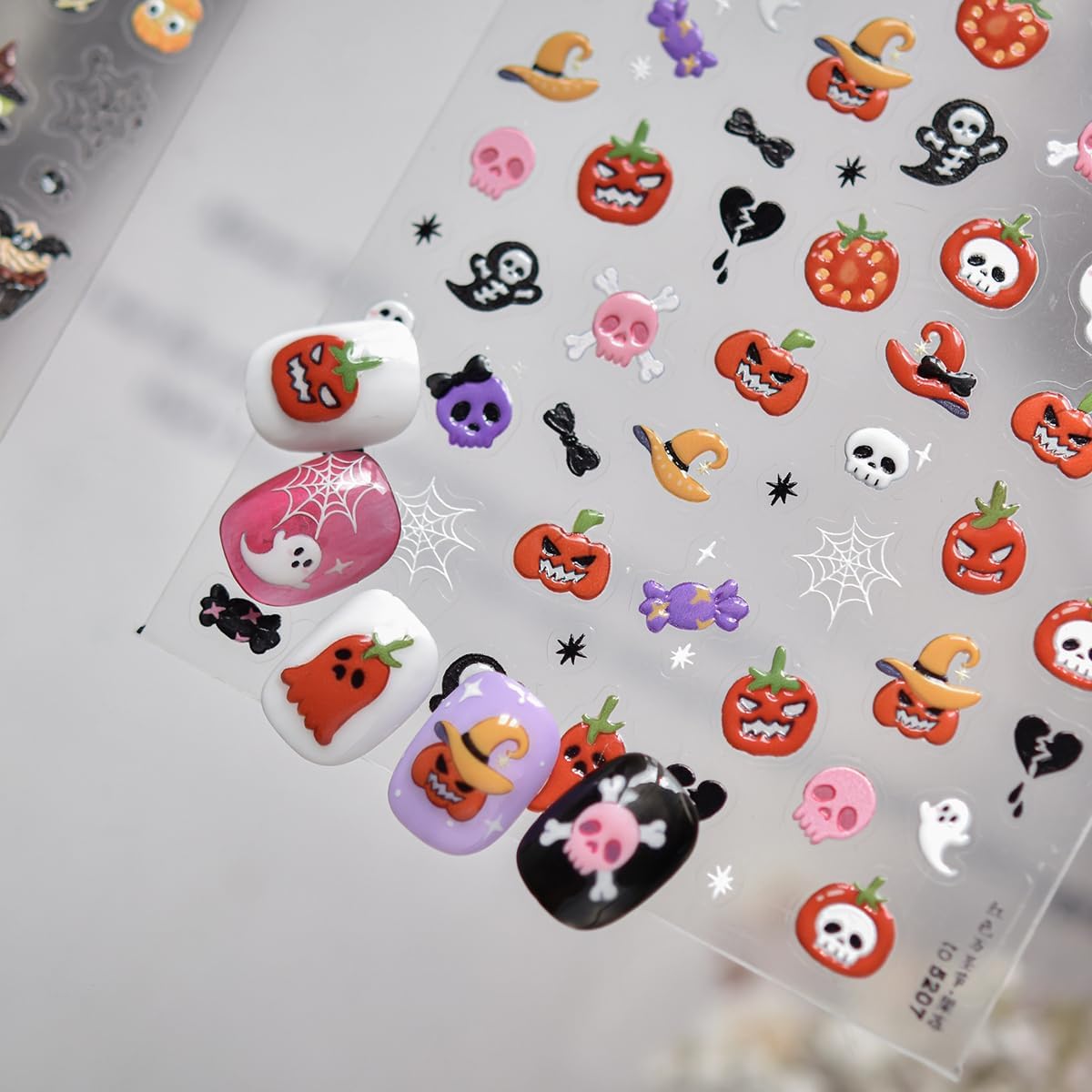 5D Halloween Nail Stickers Halloween Nail Decals Self-Adhesive Evil Tomato Pink Skull Cute Ghost Spider Web Broken Heart Nail Design DIY Holiday Nail Decorations for Women Kids Party 1 Sheet