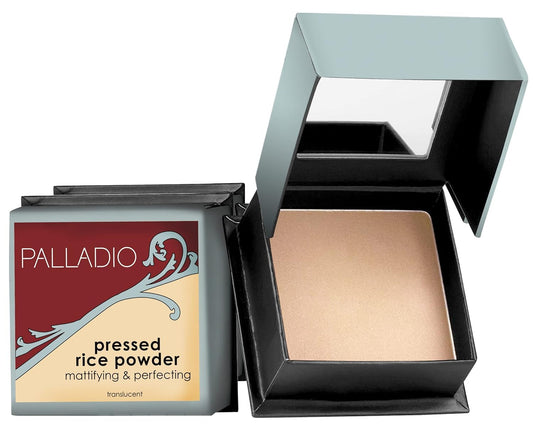 Palladio, Pressed Rice Powder with Mirror Mattifying Makeup Setting that Lasts All Day Instantly Absorbs Oil Works alone or with makeup, Translucent, 0.26 Ounce