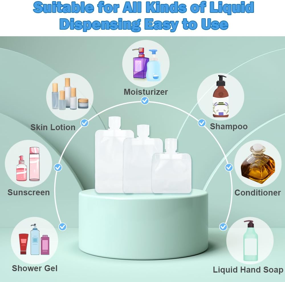 52Pcs Travel Pouches for Toiletries, TSA Approved Travel Fluid Squeeze Pouches, Travel Size Stand Up Pouch, Refillable Leakproof Travel Containers for Shampoo Conditioner Lotion Soap Liquids
