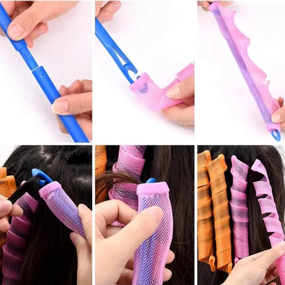 Heatless Hair Curling Set, Hair Curlers Spiral Curls No Heat Wave, Spiral Curls Styling Kit, Satin Heatless Curling Set Short Hairs, for All Hairs Lengths with Styling Hooks (color 4,11.8 in)