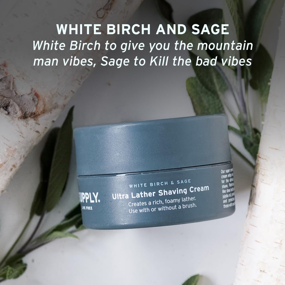 SUPPLY - Ultra Lather Shaving Cream - White Birch & Sage - Lathering, Mens Shaving Cream - Hypoallergenic, Naturally Soothing, Noncomedogenic - Protects Against Razor Burn and Irritation - 3.4 Oz Jar
