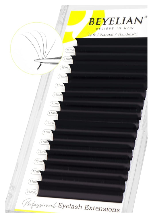 BEYELIAN Eyelash Extension Natural Matte Black 0.05 D Curl 11mm Tray Easy Fan Lash Extensions Volume Lashes 100°/212°F High Temperature Resistant Classic Professional Use(0.05 D 11mm)