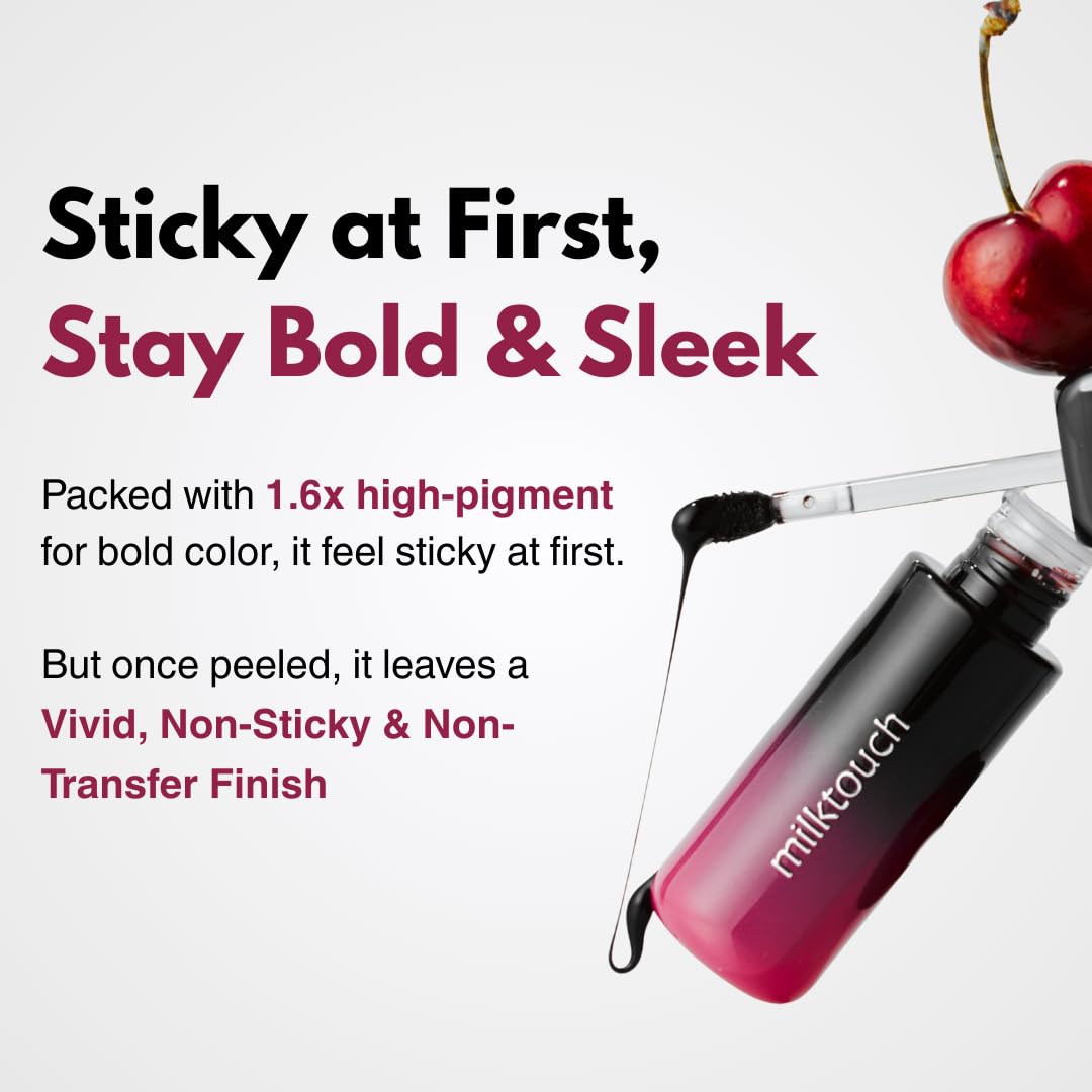 MILKTOUCH Black Peel Off Lip Tattoo - Long-Lasting Matte Lip, Waterproof & Transfer-Proof, Highly Pigmented, Stay-On-All-Day Lip Tint Stain (4.5g) #01 Black Cherry