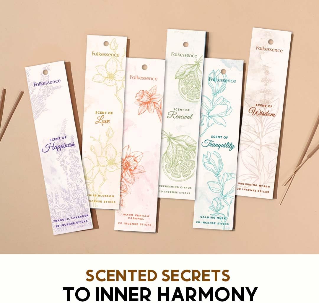 Folkulture Incense Stick with Holder | Set of 6 (120 Fall Insence-Sticks) with 45 Min Burn Time | Non Toxic Myrrh & Lavender Inscents-Stick | Organic Citrus Fall Scents, Vanilla Caramel Incienso