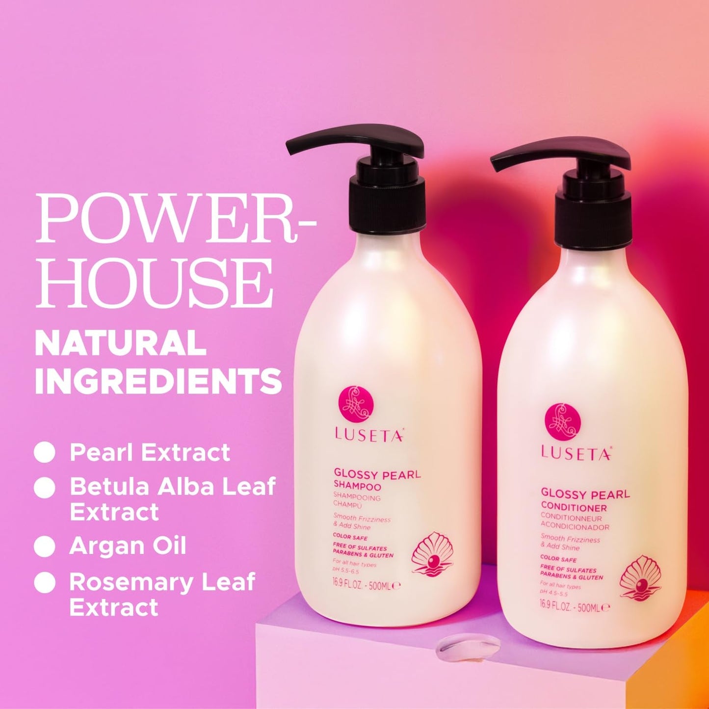 Luseta Glossy Pearl Shampoo and Conditioner Set Smooth & Moisturize, Fight Frizziness and Add Shine,Hydrating for Damaged Hair, Detangle,Nourish Strands,Paraben Free, Sulfate Free,16.9oz