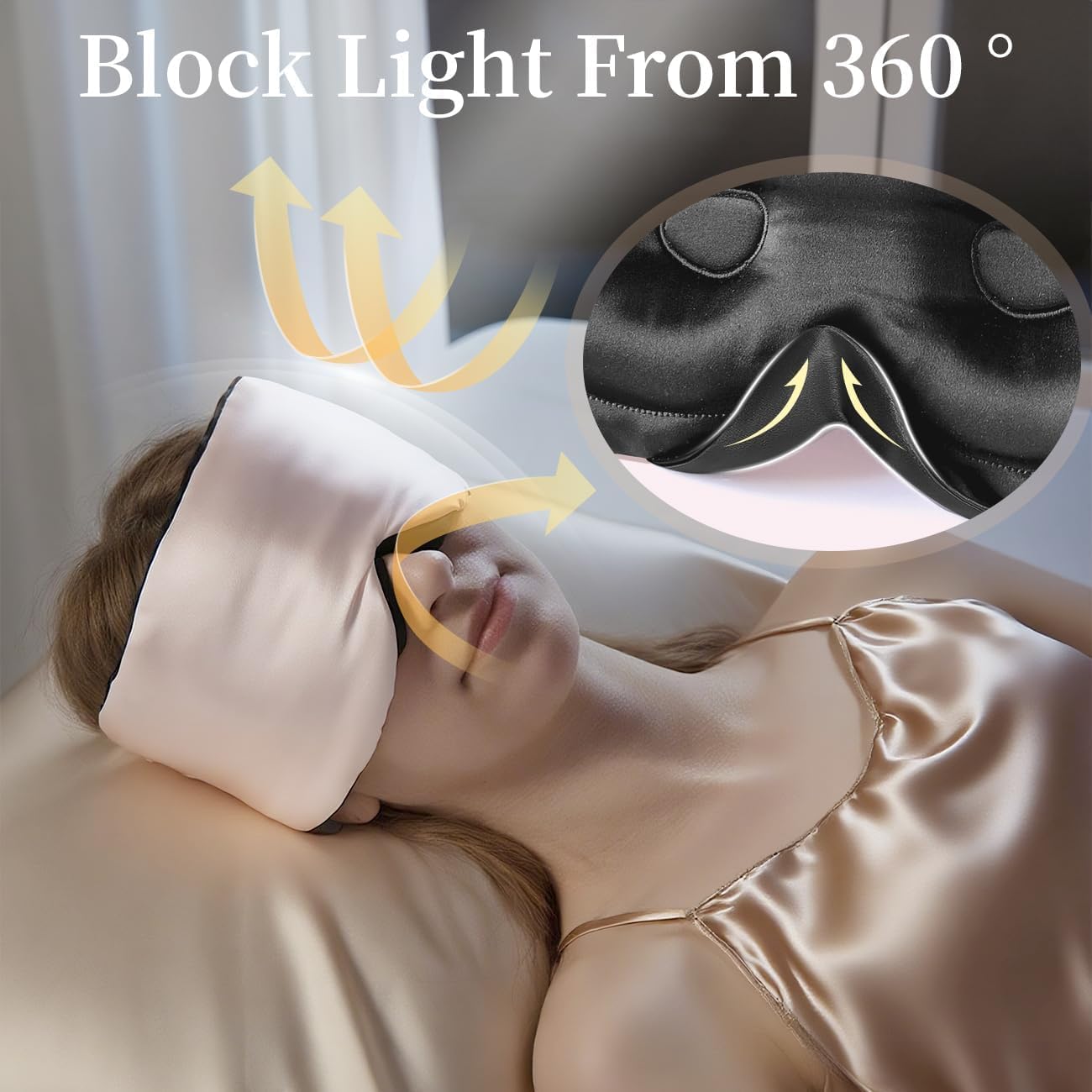 USlixury Silk Sleep Mask, 3D Contoured Sleeping Masks, Blackout Sleep Mask for Women with Nose Wing,100% Pure Mulberry Silk Eye Masks,Face-Hugging Non-Slip, 27.5x4.5'', Peach