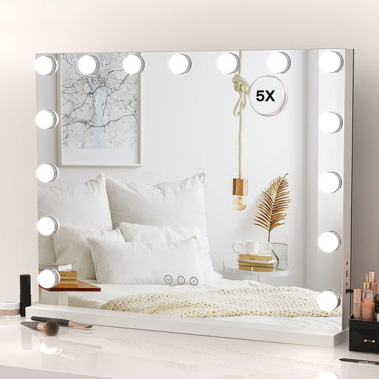 HIEEY Vanity Mirror with Lights, Hollywood Lighted Mirror with 15 Dimmable LED Bulbs, Makeup Mirror with Lights, and 5X Magnification Mirror, 3 Colors Modes,Touch Control, Metal Frame,White