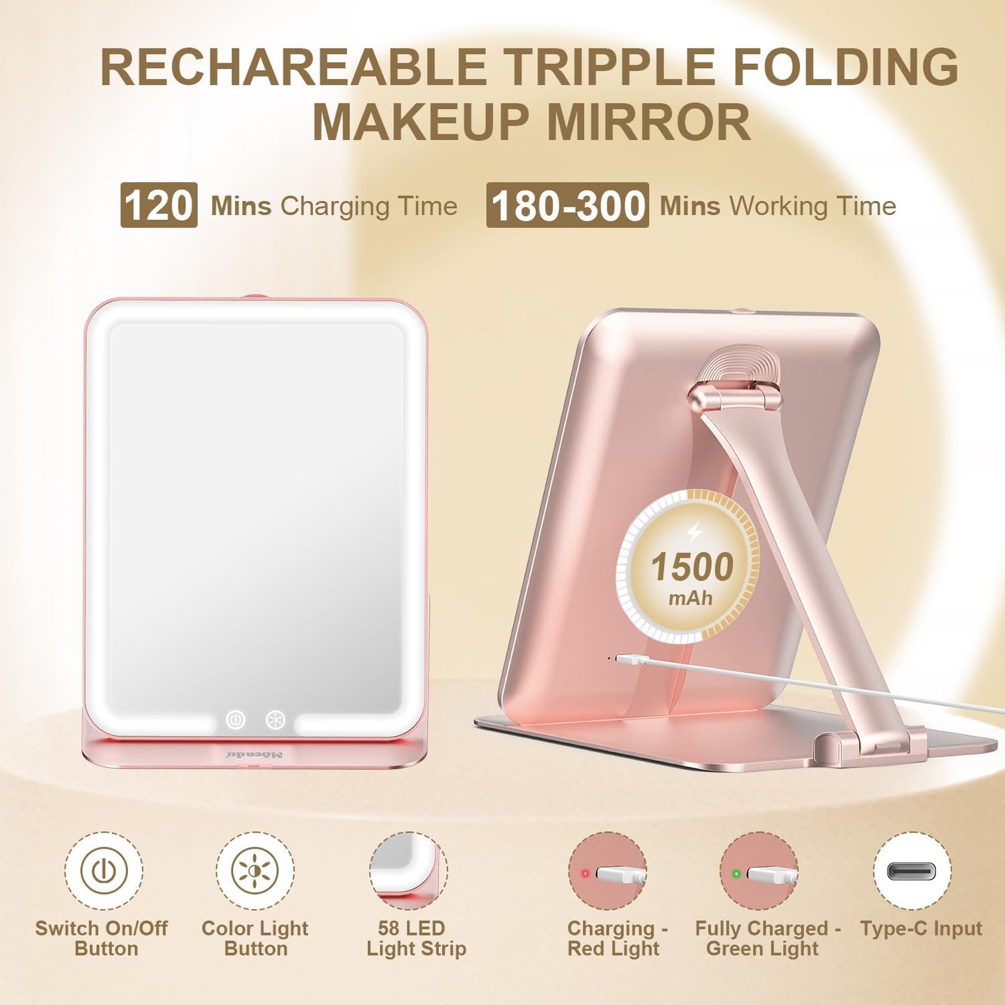 Mocado Travel Makeup Mirror with Light, Tripple Folding Vanity Mirror with Lights, 3 Colors Lighted Makeup Mirror, 1500mAh Rechargeable, Memory Function, Freely Adjust Height and Angle(Rose Gold)
