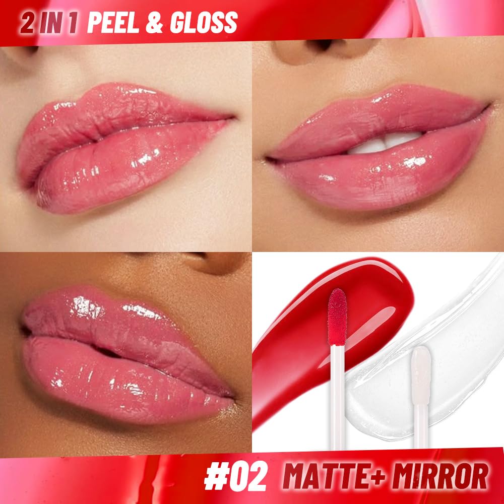 Dewy Rose Lip Stain Peel Off Lip Gloss oil Dual-Ended Combo, Lips Liner Stain Peel Off Tattoo, Long Lasting & Waterproof, Transfer-Proof Lip Tint Stain with Lip oil for All Skin Type 02#