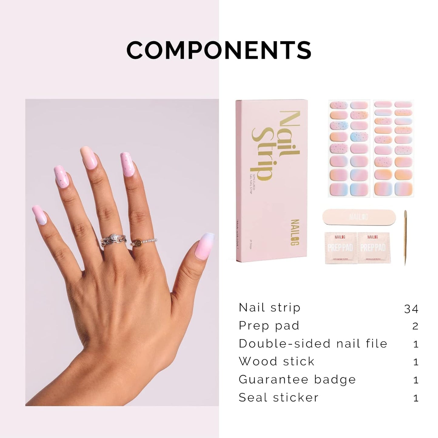 Nailog Semi Cured Gel Nail Strips 34 pcs | Long Lasting Nail Polish Sticker Wraps with Glossy Gel Finish | Daydream