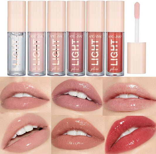 6PCS Lip Oil Light Lipgloss Set, Moisturizing Hydrating Lip Glow Oil Lip Gloss Kit High Shine Lip Plumping Glass Finish Lip Gloss Liquid Lipstick for Women (Set C)