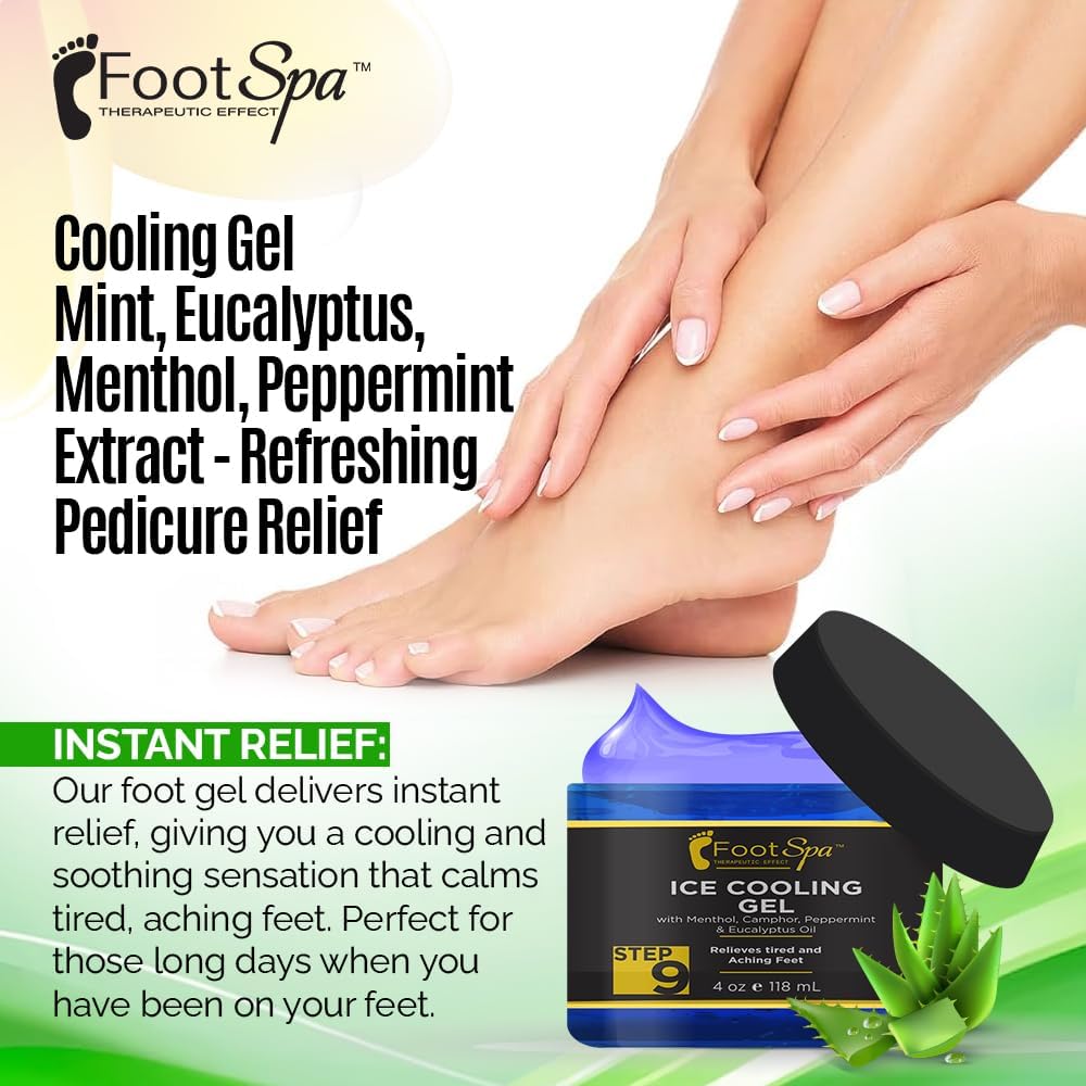 Foot SPA - Massage Cooling Gel for Pedicure Treatment with Menthol, Camphor, Peppermint and Eucalyptus Oil, Professional Strength Foot and Leg Ice Cooling Gel Therapy, Relives Tired Aching Feet, 4 oz