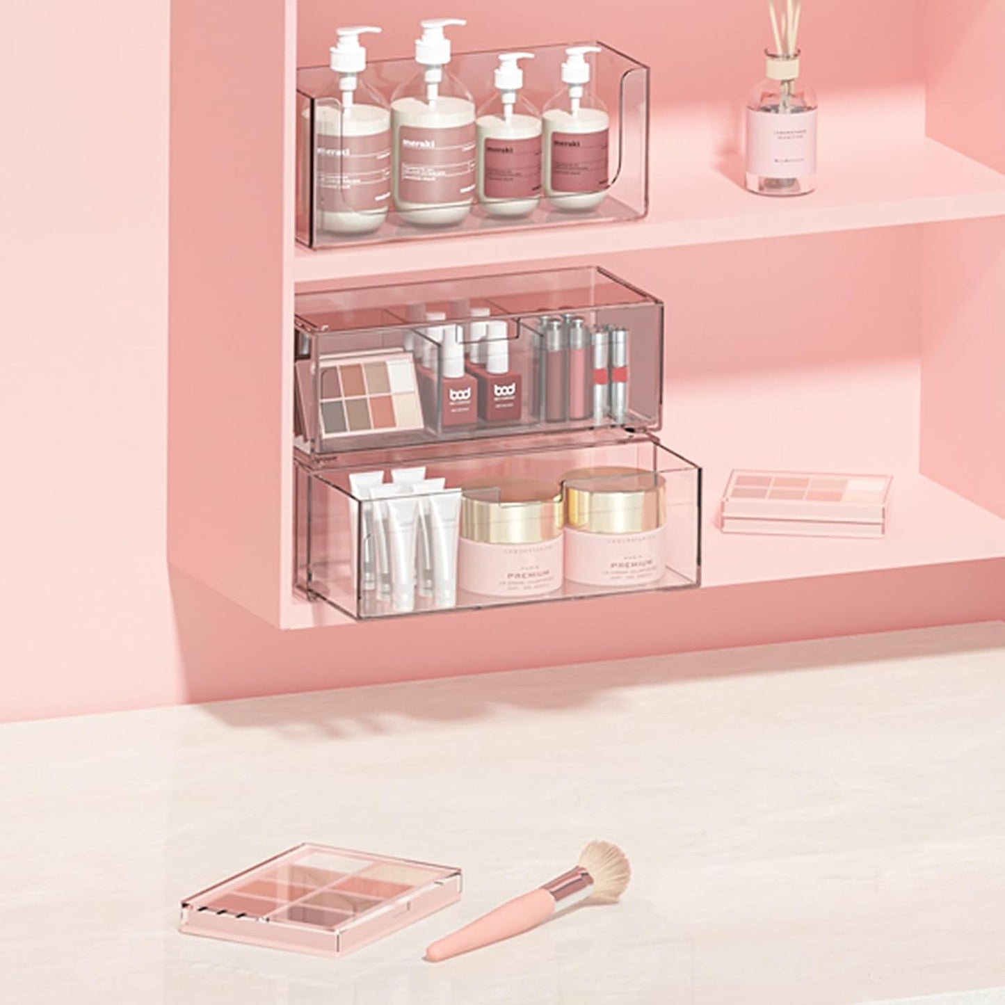 Stackable Storage Drawers Clear Plastic Storage Bins Bathroom Drawer Organizer Medicine Cabinet Organizer Makeup Organizers w Removable Divider Home Workspace Office Desktop Vanity Gift Idea 2Pack