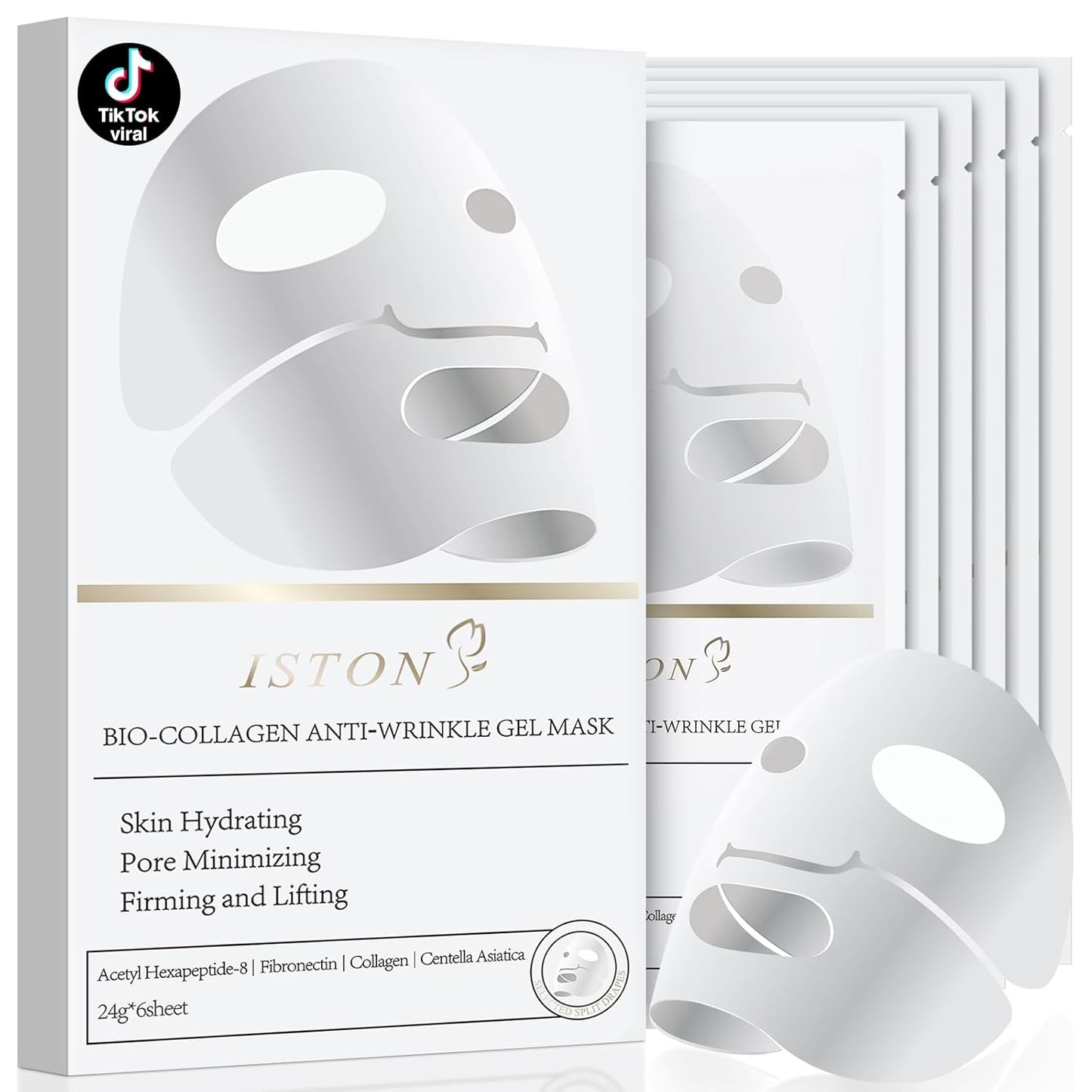 ISTON 6 Pack Bio-Collagen Real Deep Anti Wrinkle Lifting Mask,Overnight Hydrating Face Mask for All Skin Types -Pore Minimizing,Elasticity Enhancing,Firming,Moisturizing