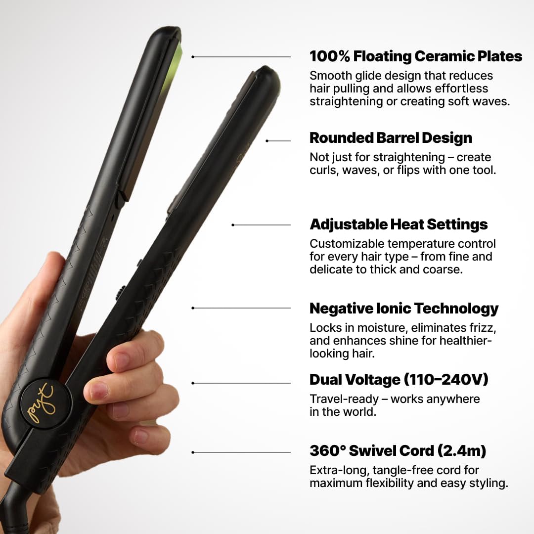 PYT 1.25” Professional Ceramic Hair Straightener – Negative Ion Flat Iron for Frizz-Free Shine, Adjustable Temperature, Dual Voltage, Lightweight Design, Straightens and Curls