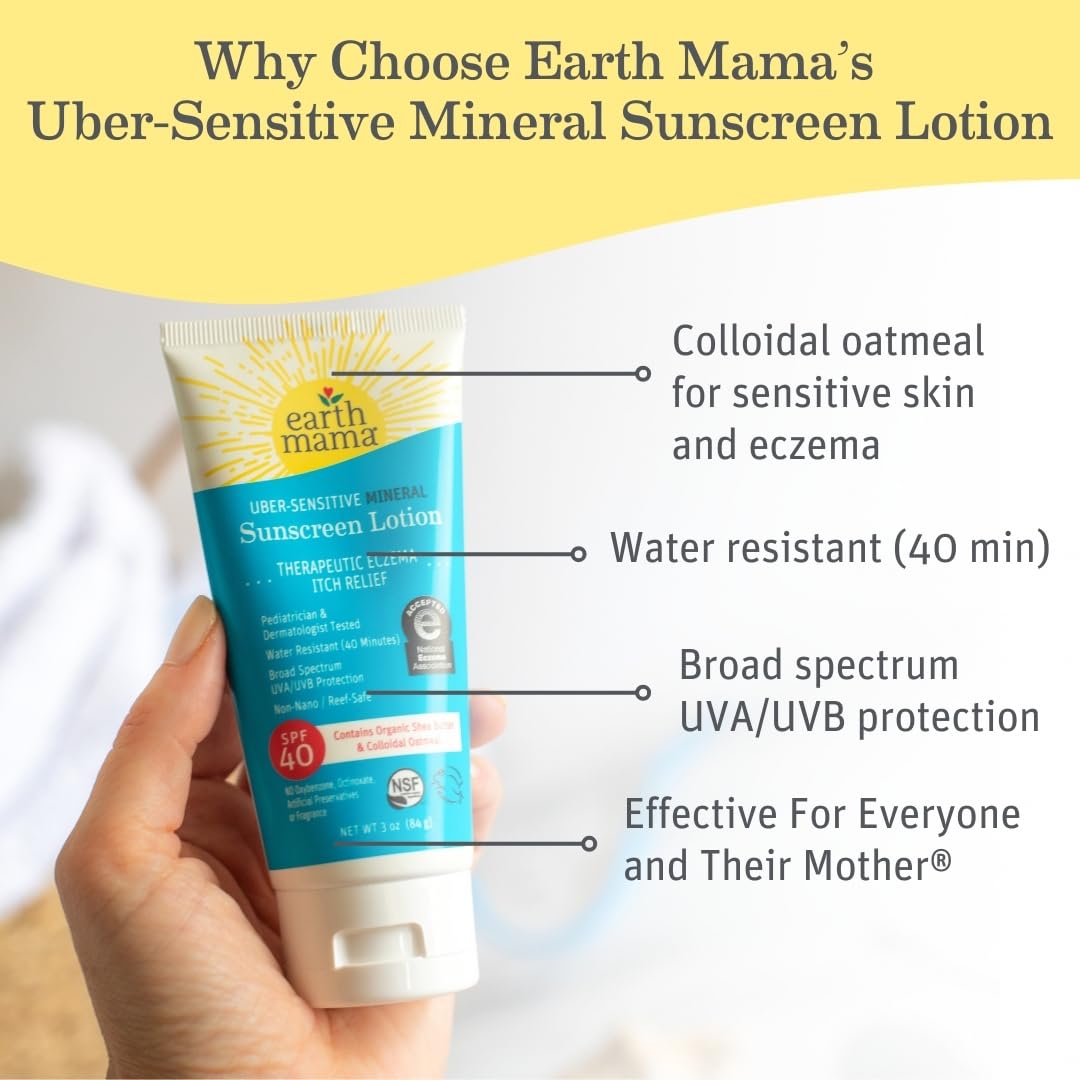 Earth Mama Uber-Sensitive Mineral Sunscreen Lotion SPF 40 | Non-Nano Zinc, Contains Organic Colloidal Oatmeal | Steroid-Free Eczema Cream for Baby, Kid & Family, 3-Ounce