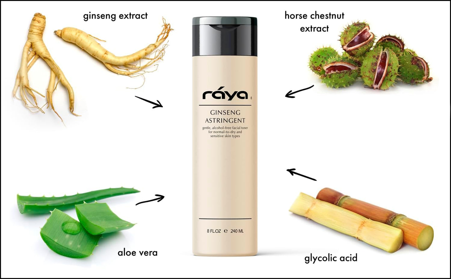 RAYA Ginseng Astringent with AHA 6 oz (G-205) | Gentle Glycolic Facial Toner for Dry and Sensitive Skin | Helps Tighten Pores, Smooth Complexion, and Reduce Fine Lines | Made with Alpha Hydroxy Acids