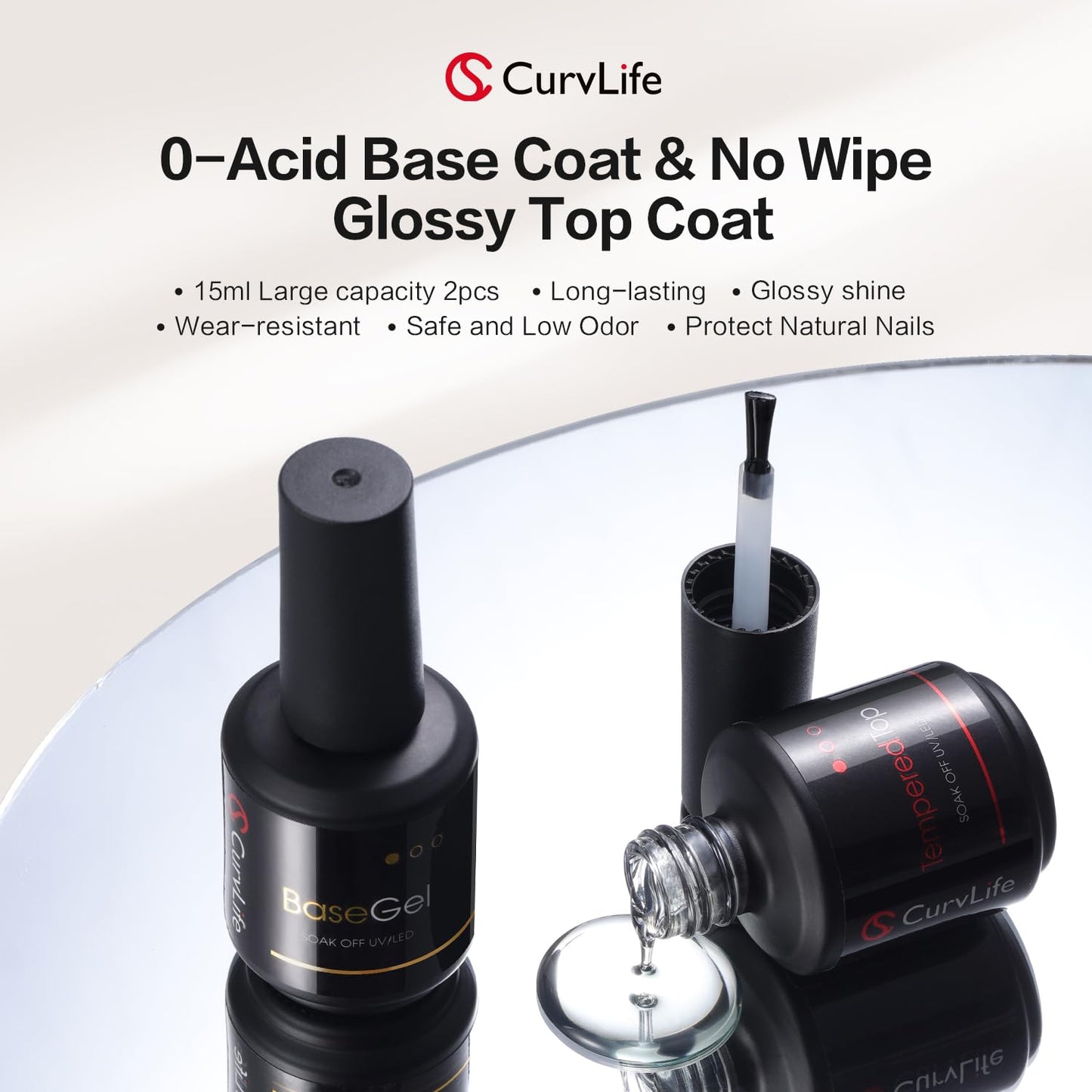CurvLife 15ml No Wipe Top Coat Clear Glossy Gel Tips Base and 15ml Top Coat Set Soak off UV LED Drying Long Lasting Shiny nail gel polish