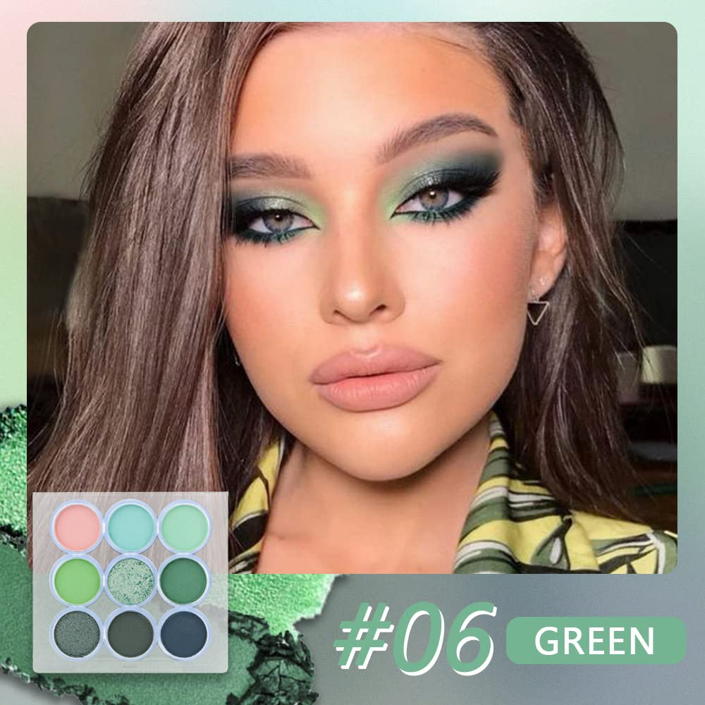 9 Colors Green Olive Matte Shimmer Eyeshadow Palette for Eye Makeup,High Pigmented Pink Emerald Mint Eye Shadow Primers Powder Palet de sombras de ojos