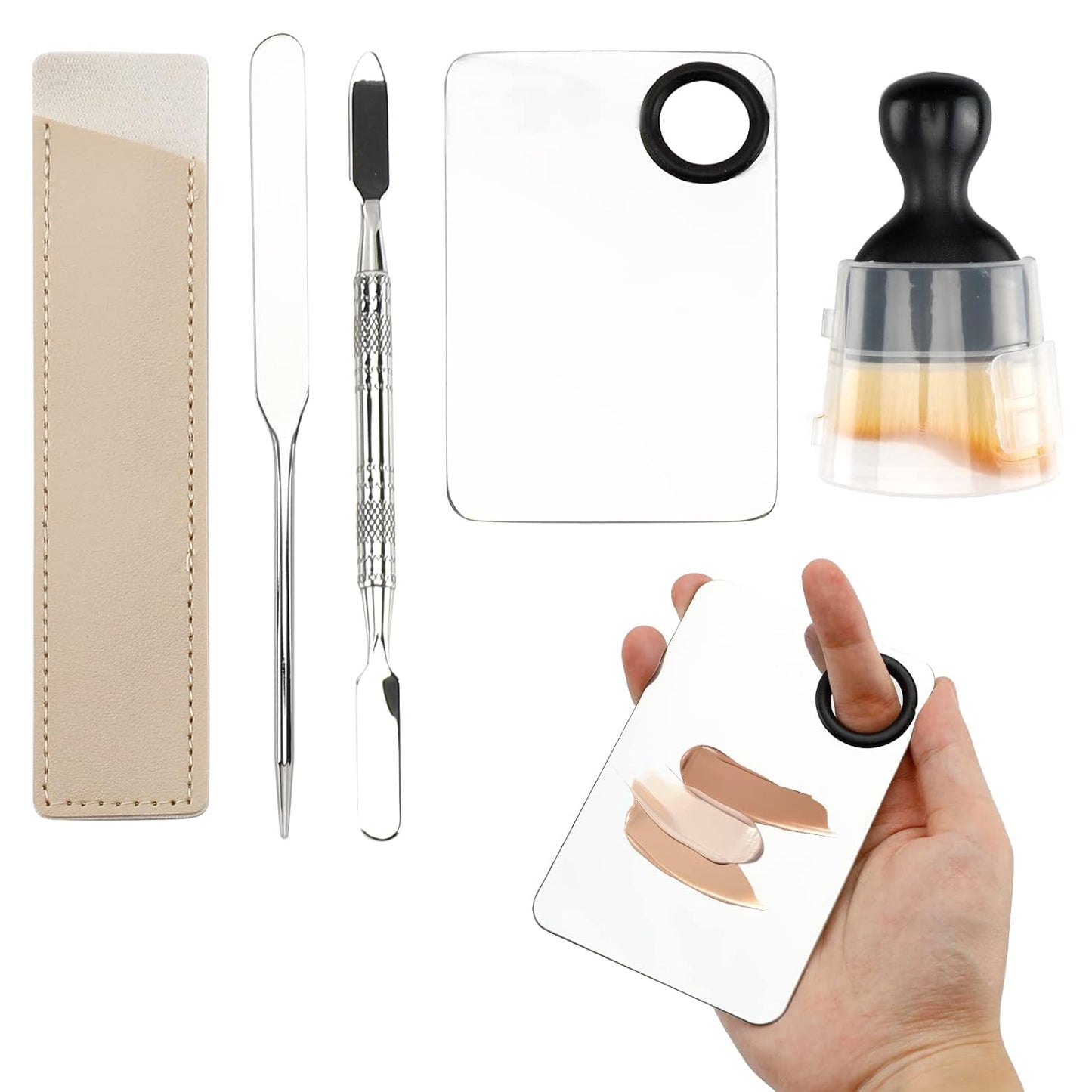 Makeup Spatula and Palette Set, Facial Makeup Tools, Including Eye Shadow/Eyelashes/Nail/Foundation With Makeup Mixing Palette + Blending Stick + Blending Spatula + Foundation Brush