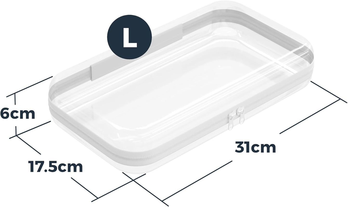 Extra Durable Mini Clear Hard Shell Zipper Case 6 Pack, 2x 12" Large, 2x 8" Medium, 2x 5" Small, Clear Travel Makeup Case, Hard Plastic Toiletry & Cosmetic Bag, Zippered Make Up Organizer Pouch