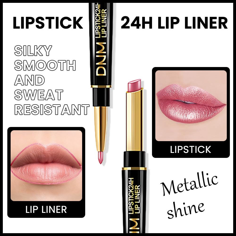 evpct 1Pcs Natural Pink Metallic Shine Shimmer Lip Liner and Lipstick Combo Set Kit for Women, Lightweight Hydrating Formula High Impact Full Coverage Lipstick and Lip Liner Makeup Gloss, 20#