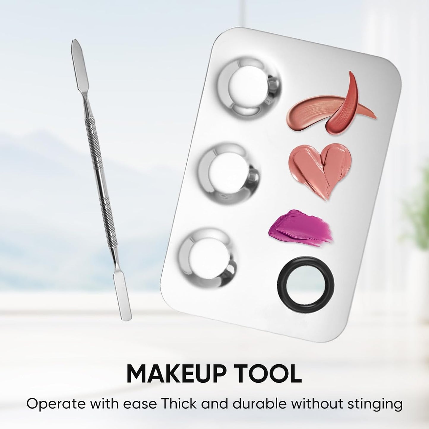 Stainless Steel Cosmetic Palette with Spatula, 3-well Mixing Makeup Palette and 3-dents Nail-art Mixer Metal Tray, also Fine Eyeliner Brush and Powder Puffs .Professional Makeup Palette with Spatula