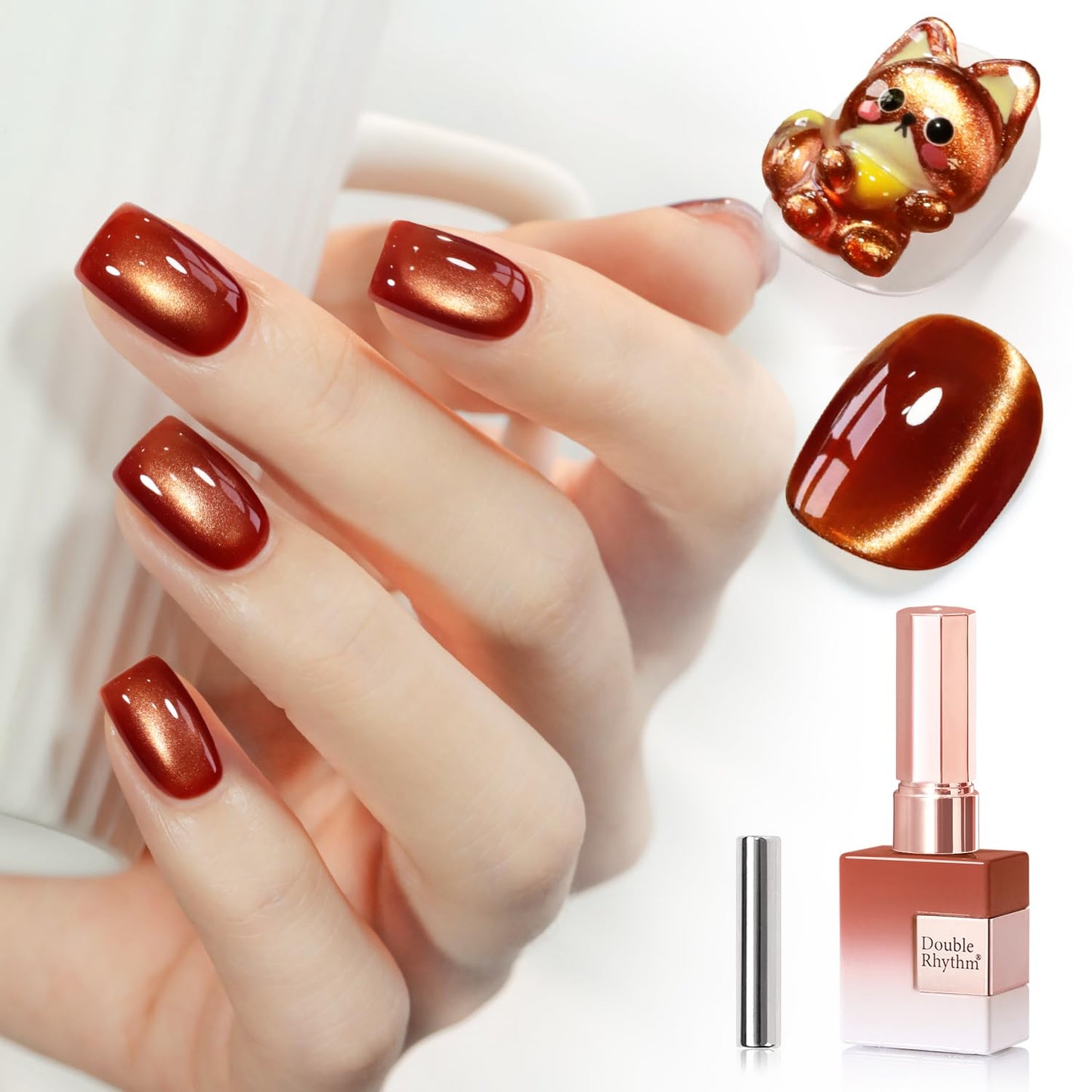 Double Rhythm 0.5 Oz Cat Eye Gel Polish with Magnet Same Color Same Bottle Holographic Glitter Shimmer Translucent Color Salon 15 ML Magnetic Nail Art (Red Brown-MC1279)