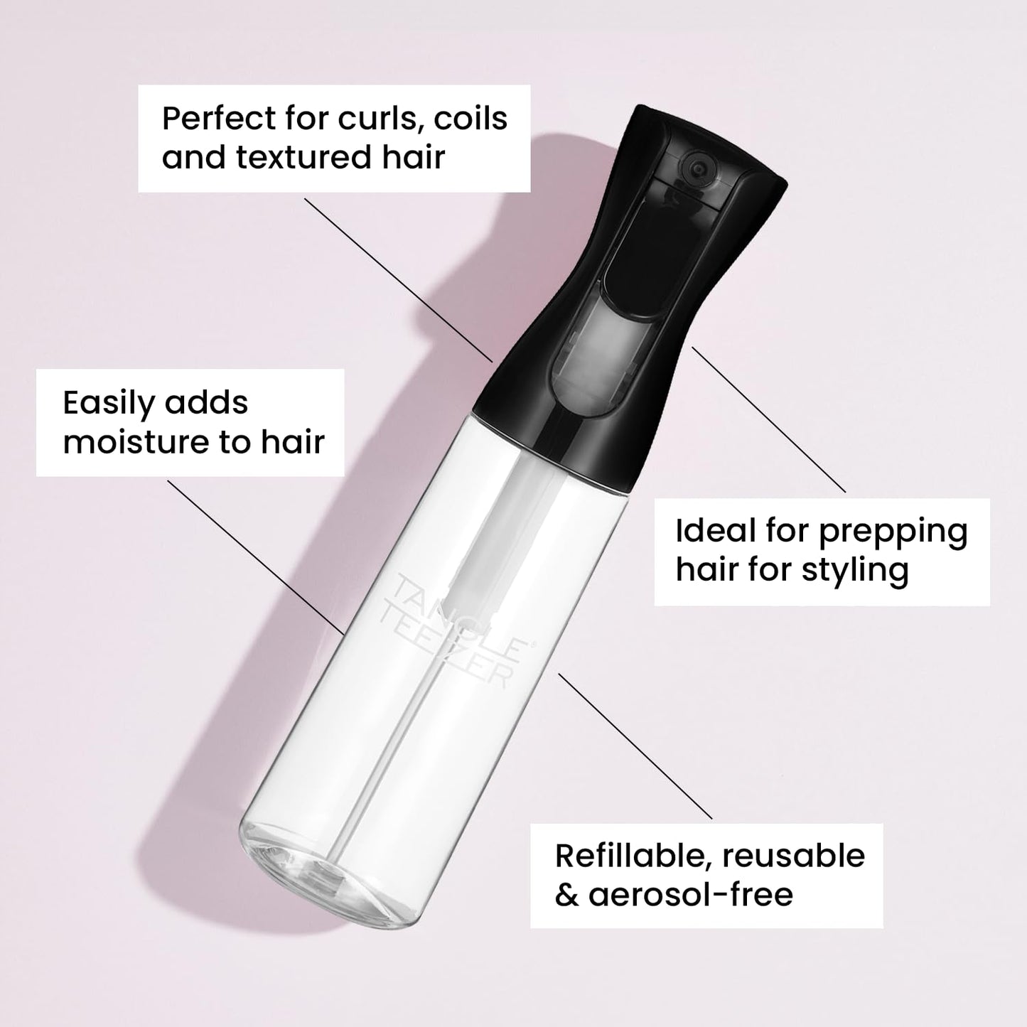 TANGLE TEEZER Fine Mist Spray Bottle, Continuous Mist for Detangling and Hairstyling, 10.1 oz, Black