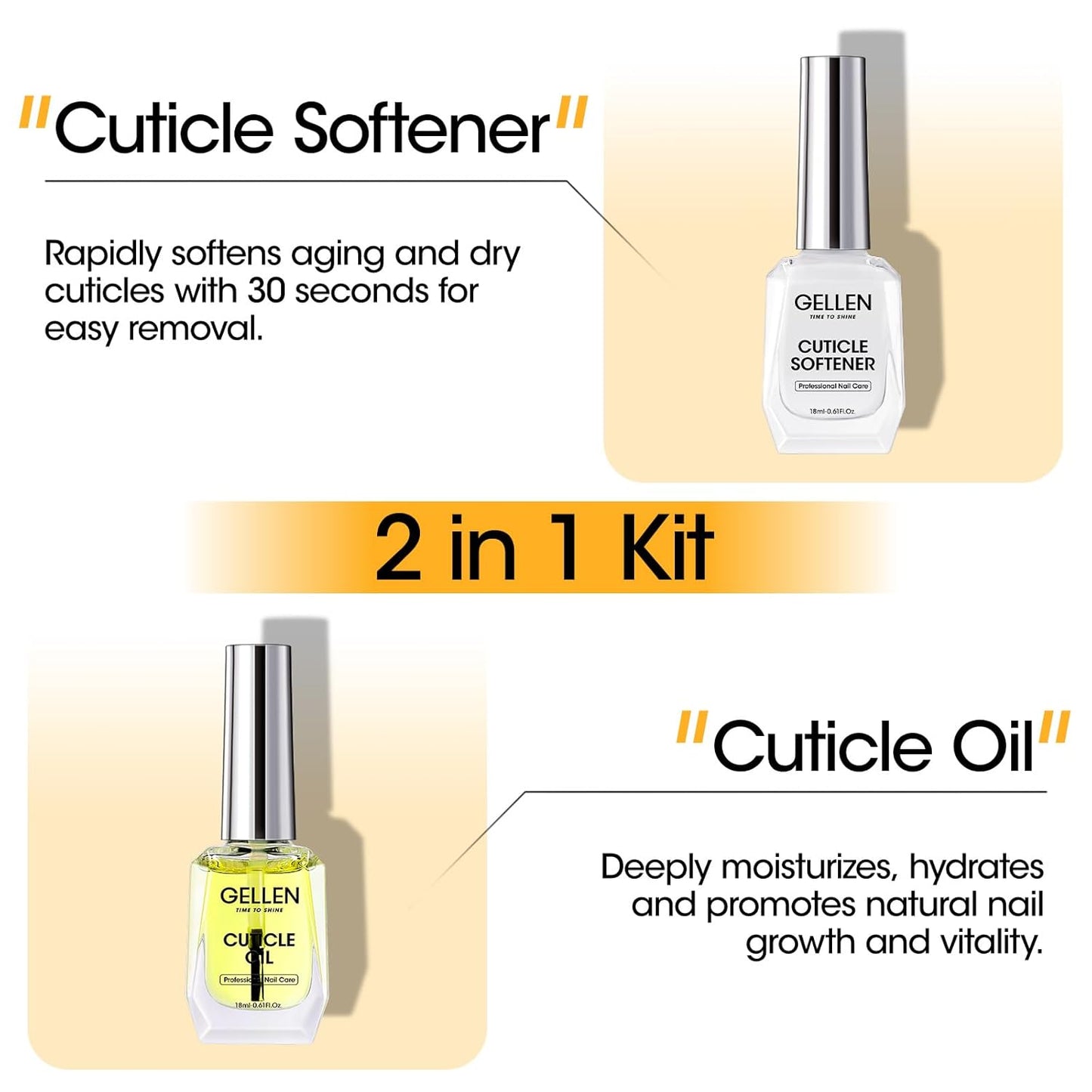 Gellen Cuticle Oil & Softener for Nails, 2 Pcs 18ml Cuticle Remover & Strengthener, Nail Cuticle Protector, 2 in 1 Nail Care Kit for Cuticle Removing & Repairng Manicure Essentials for Gel Nail Polish