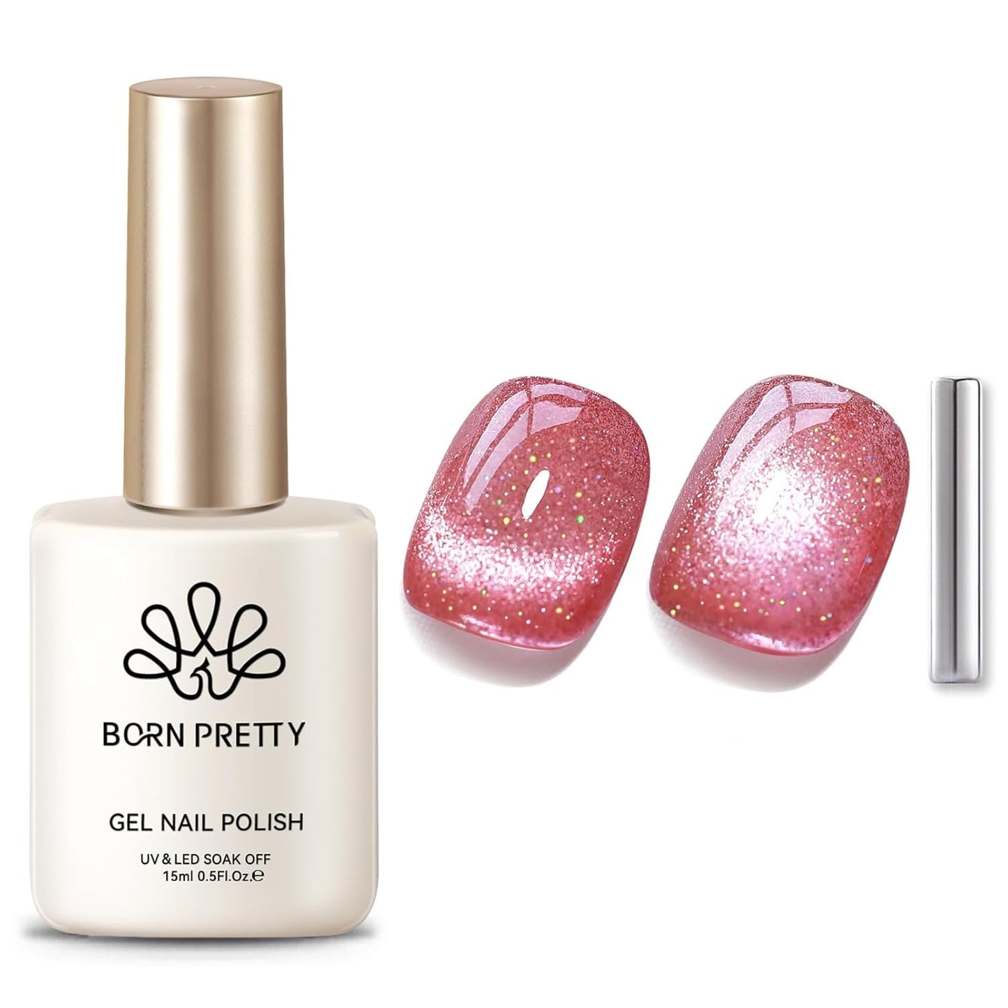 BORN PRETTY Cat Magnetic Eye Gel Nail Polish,Peach Blossom Glitter Cat Magnetic Gel Nail Polish Magnetic Nail Polish for Nail Art Manicure Salon DIY at Home 15ML