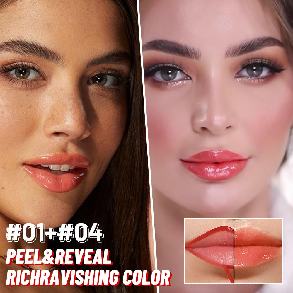 2Pcs Lip Stain Peel Off Lip Gloss oil Dual-Ended Combo, Lips Liner Stain Peel Off Masque, Long Lasting & Waterproof, Transfer-Proof Lip Tint Stain with Lip oil for All Skin Type 01#+04#