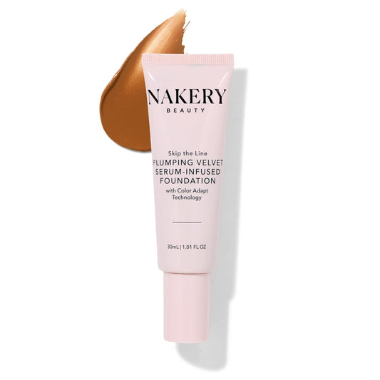 Nakery Skip the Line Full Coverage Foundation for Women - Plumping Velvet Womens Foundation Makeup Matte Finish - Age Defying Foundation - Moisturizing Foundation with Smart Color Adapt - Medium Deep