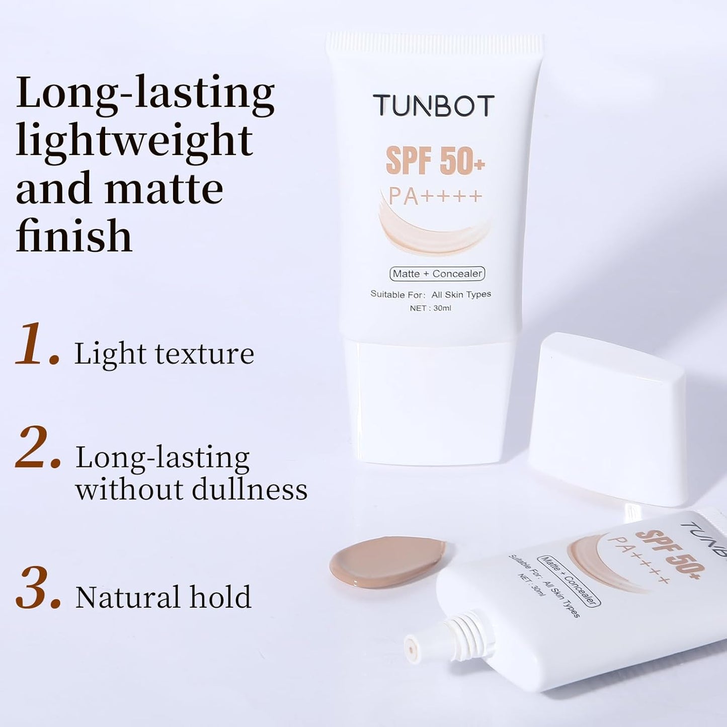 TUNBOT Liquid Makeup Foundation with SPF 50, Makeup to Cover Facial Imperfections, Unscented Foundation for All Skin Types (30ml)