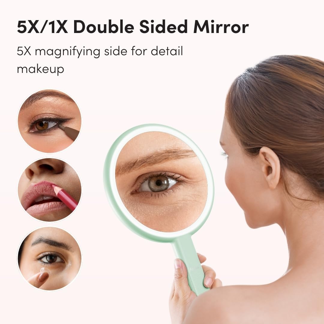 Fancii Cami Handheld Travel Makeup Mirror with Lights, Rechargeable, Extra Large, Double Sided 5X / 1X Magnifying Mirror - 3 Color Lighting, Handheld or Vanity (Pistachio)