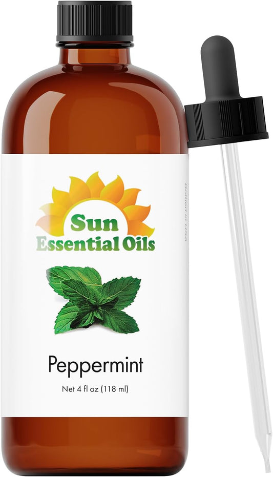 Sun Essential Oils - Peppermint Essential Oil (4 oz) with Dropper for Diffuser, Humidifier, Skin & Aromatherapy Body Massage, Candle & Soap Making for Home