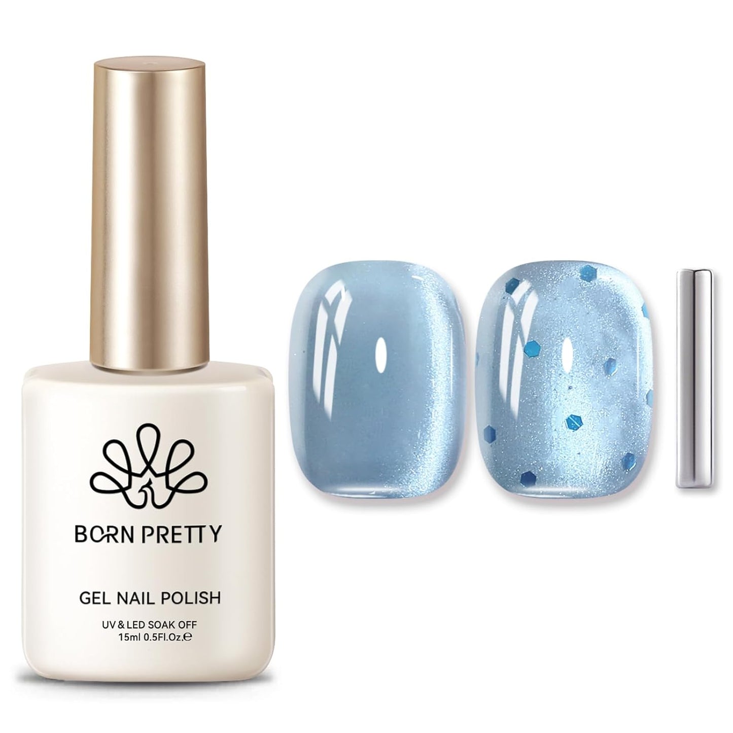 BORN PRETTY Cat Magnetic Eye Gel Nail Polish, Blue Glitter Cat Magnetic Gel Nail Polish, Crescent Bay Magnetic Nail Polish for Nail Art Manicure Salon DIY at Home 15ML
