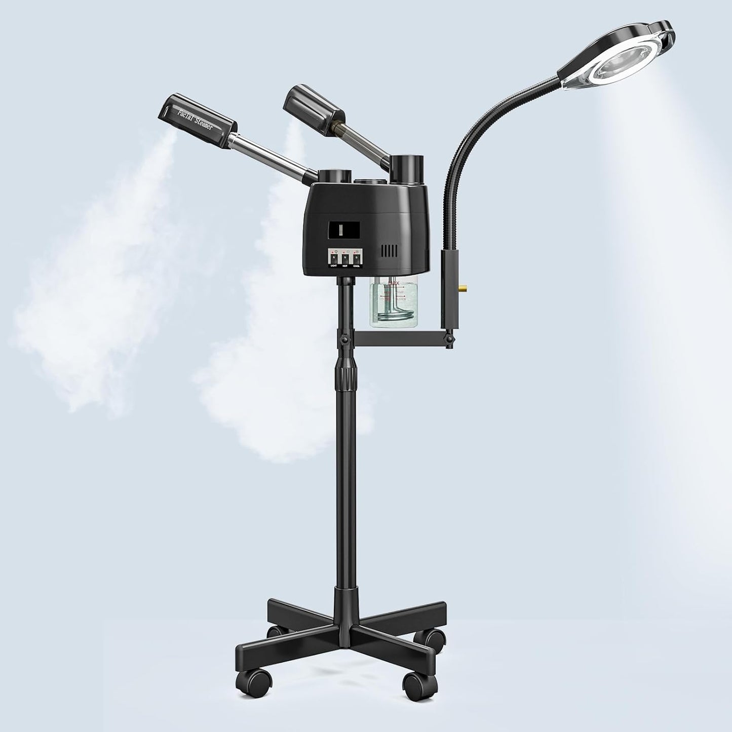 Paddie Professional 3 in 1 Facial Steamer on Wheels for Esthetician, Hot & Cold Mist, 5X LED Magnifying Lamp, Black