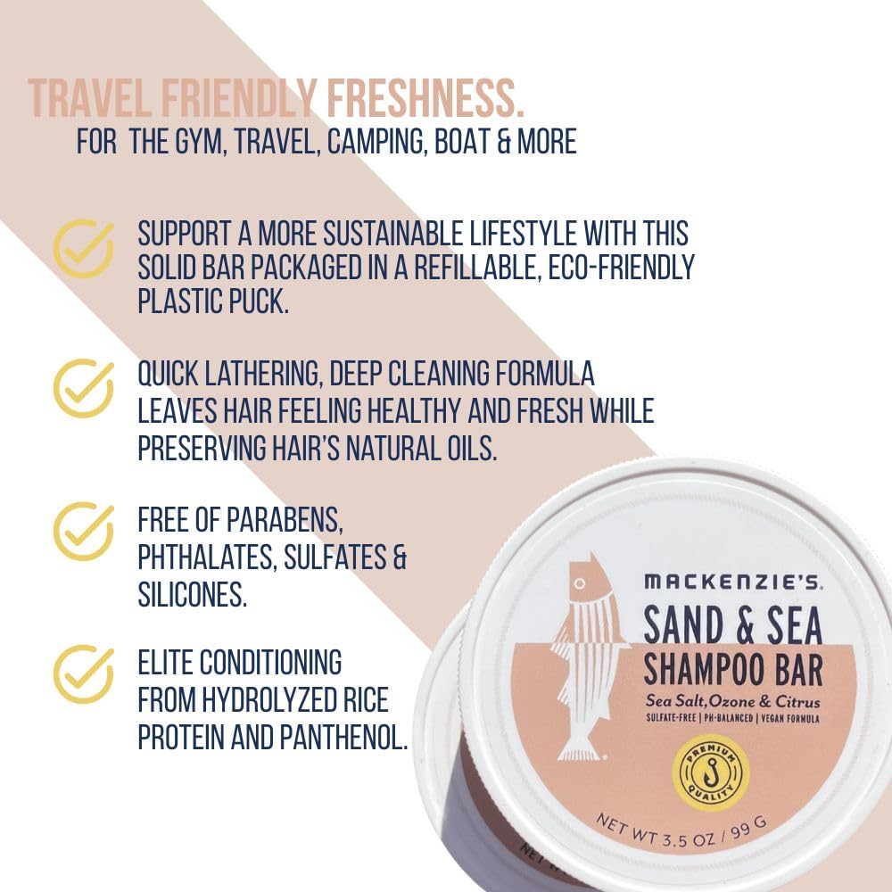 MACKENZIE'S Sand & Sea Shampoo Bar - Gifts for Fishermen - Vegan - Sulfate-Free - Eco Friendly - Zero Waste - Reusable Packaging with Travel Container - 3.5 OZ