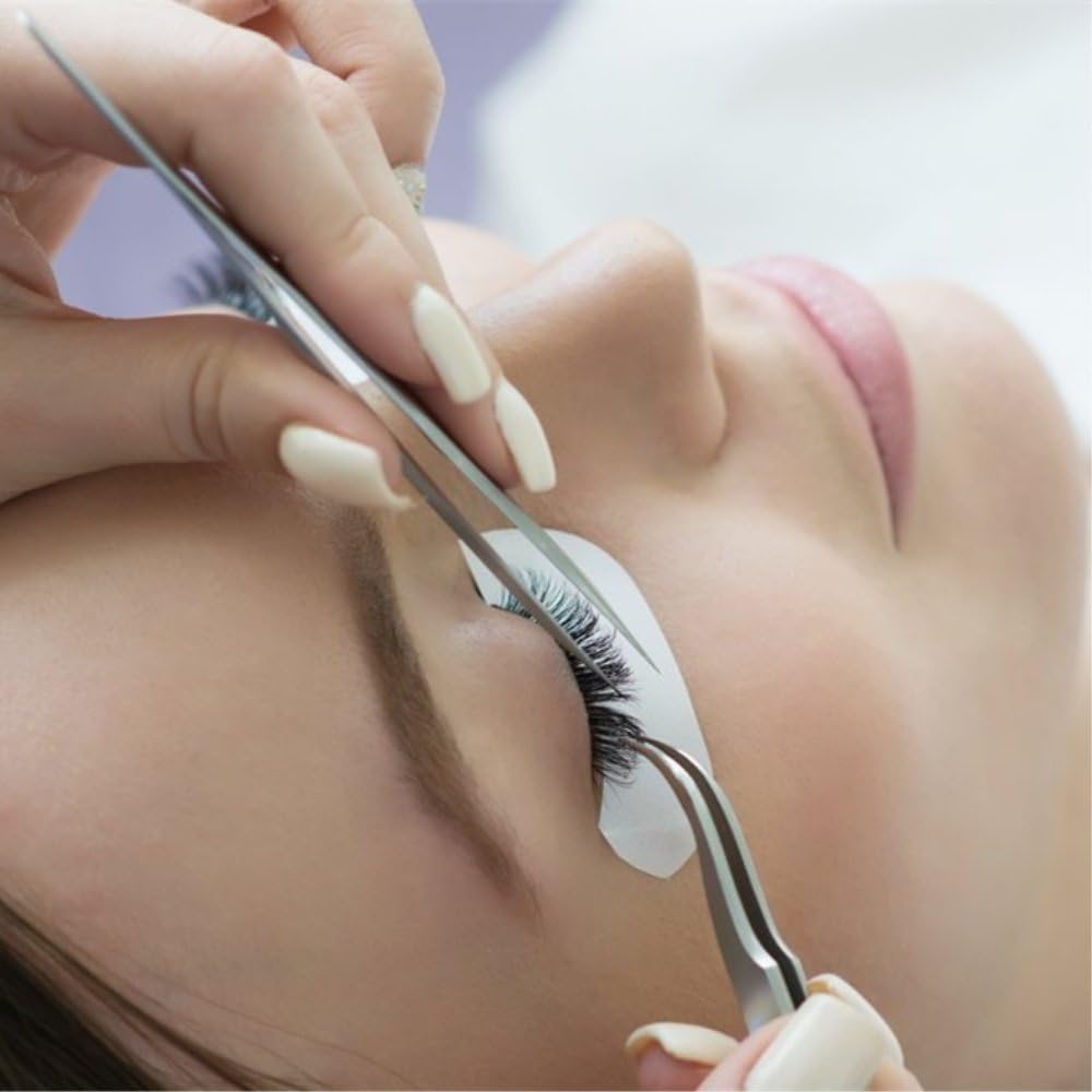 Best Eyelash Extension Tweezer Set - FEITA Pro Straight & Curved Pointy Precision Fine Tip Tweezers for Lash Extensions - Silver - 2Pcs